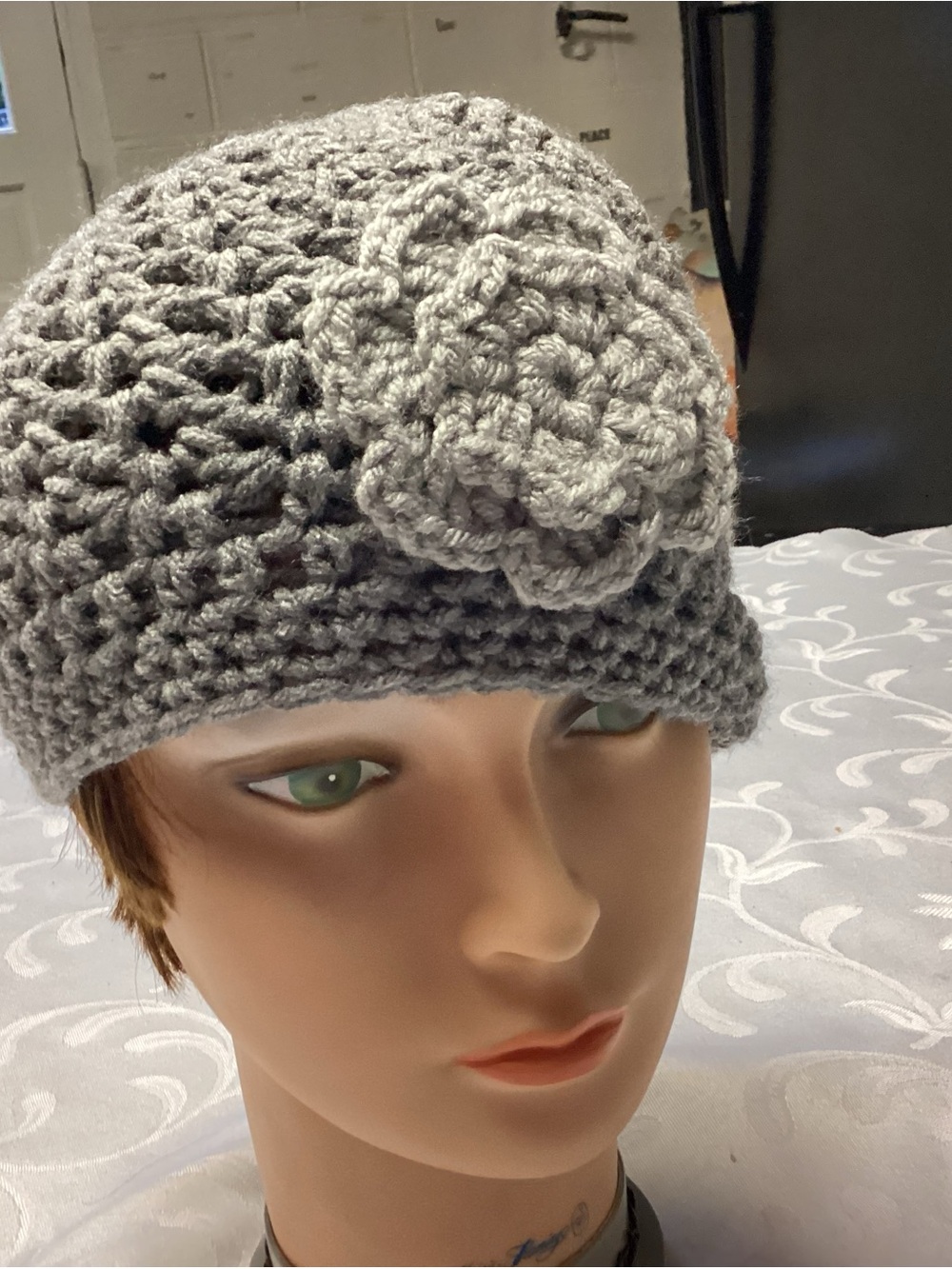 Gray Crochet Flower Beanie Hat - Women Accessories